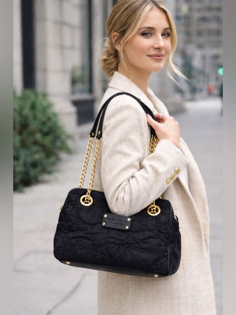 Perfect grab n go Kate Spade shoulder bag quilted nylon black chain strap purse